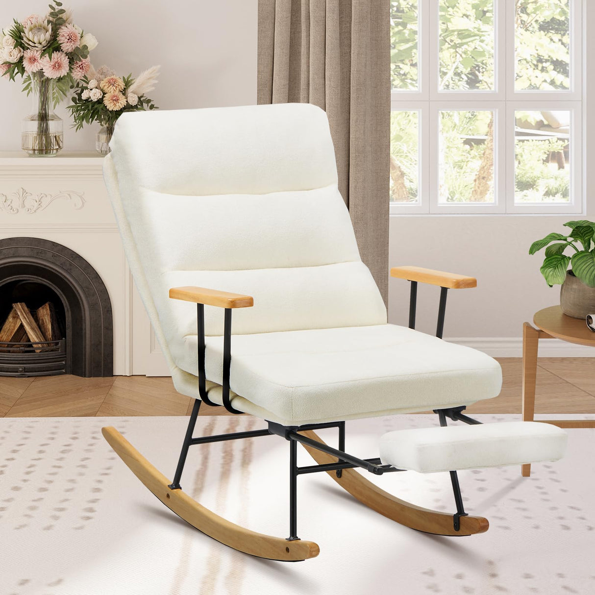 Rocking Chair with Footrest-Glider Rocker Chair with Retractable Footrest and Adjustable Backrest, Teddy Upholstered Rocking Chair, Modern Accent Chair for Living Room/Nursery/Bedroom/Outdoor-Beige COLAMY