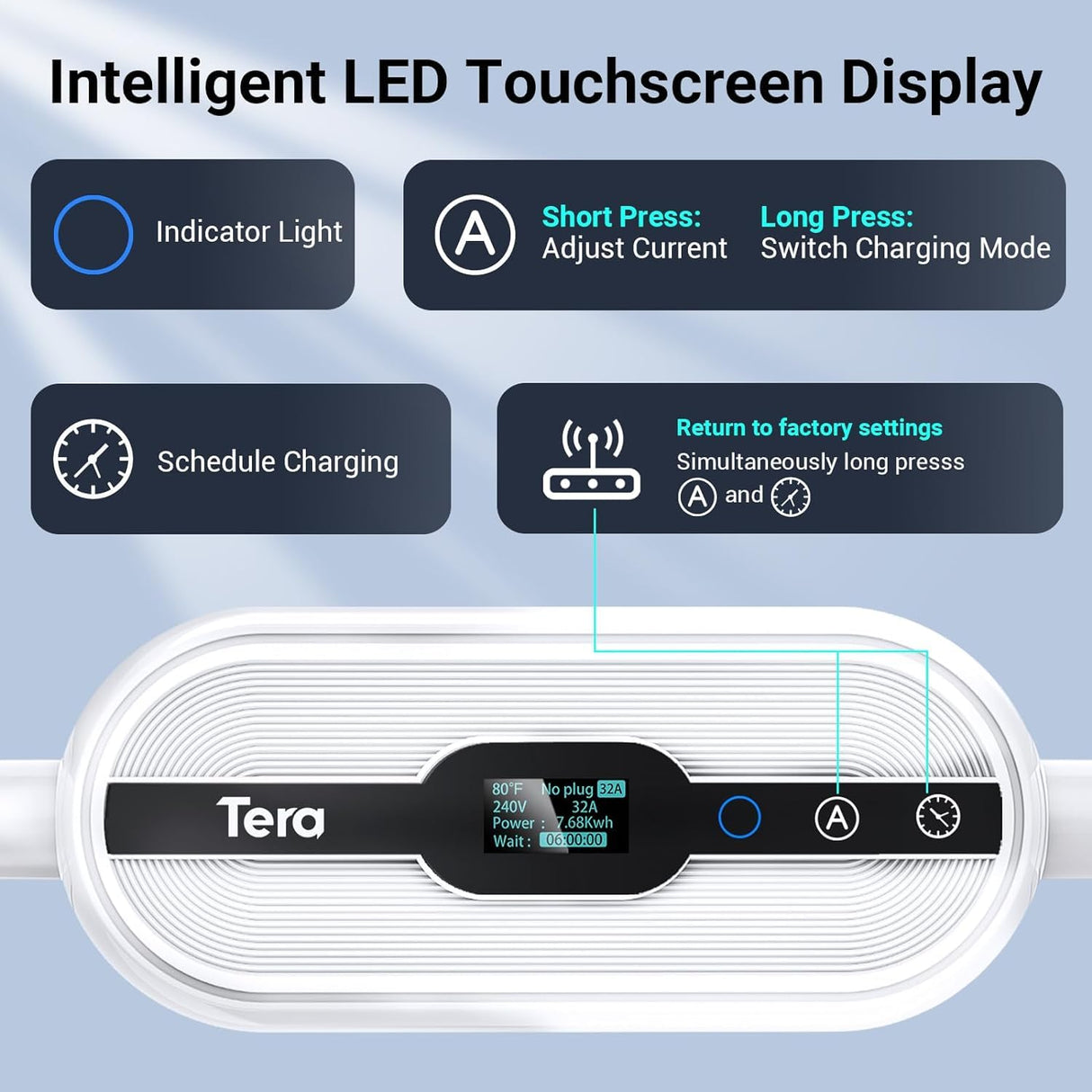 Tera Electric Vehicle Charger for Tesla: Level 1 & 2 J1772 EV Portable 32A 8A 110V 240V Wall Connector Dual Use ETL NEMA 14-50 & 5-15 Wi-Fi Enabled 25FT Cable with Holder P01 Tera