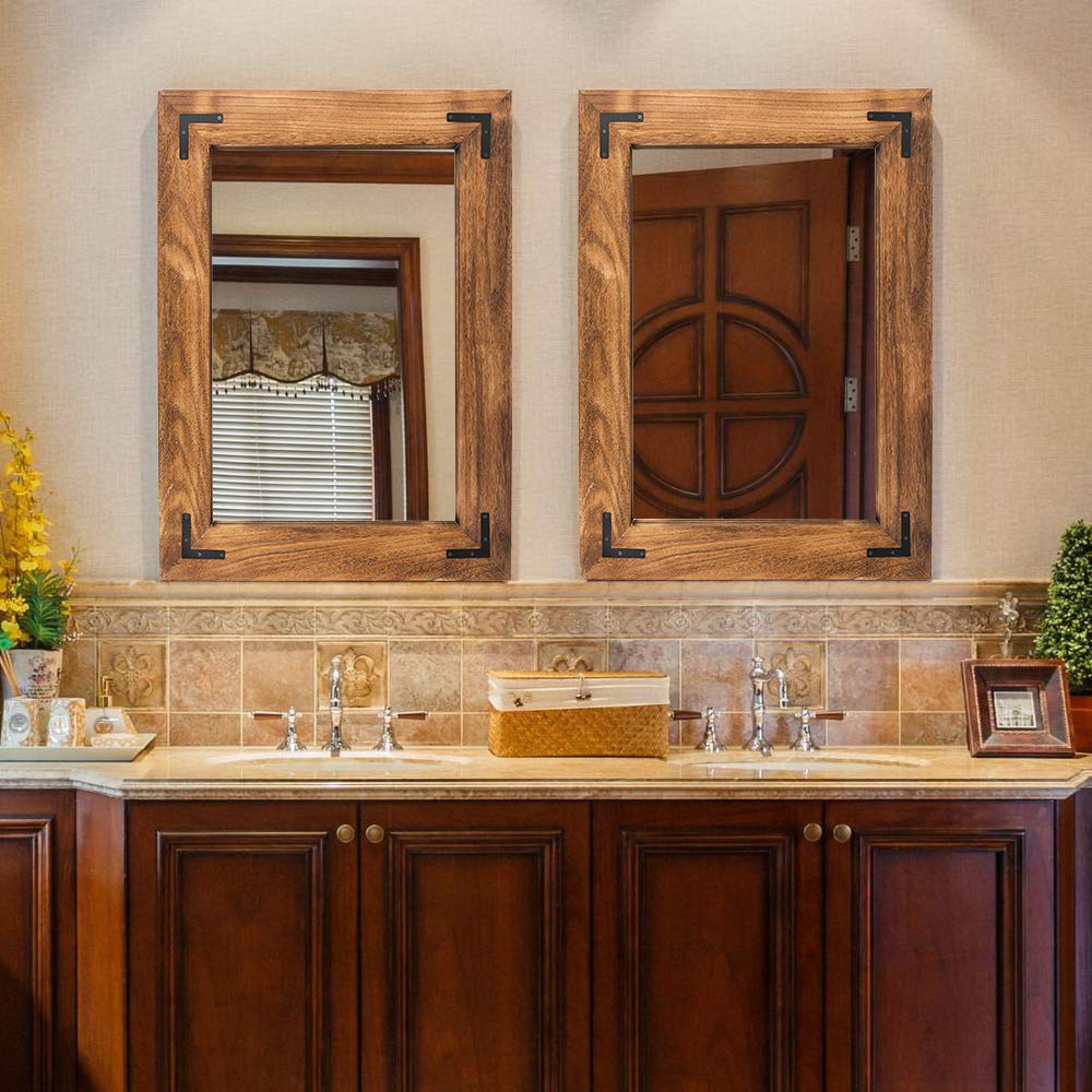 YOSHOOT Rustic Wooden Framed Wall Mirror, Natural Wood Bathroom Vanity Mirror for Farmhouse Decor, Vertical or Horizontal Hanging, 32" x 24", Brown - WoodArtSupply