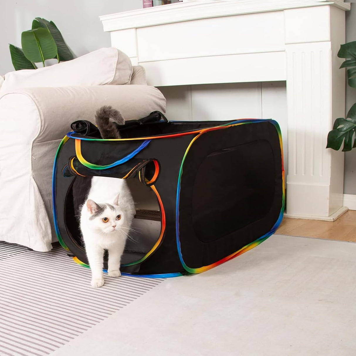 LUCKITTY Portable Cat Litter Box Enclosure, Pop Up Hidden Litter Box Furniture with Big Pocket for Living Room, Bedroom, Made by Waterproof Oxford & Breathable Mesh, Black-Rainbow, 32" L×19" W×19" H LUCKITTY