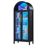 HWB Arched Curio Display Cabinet with Glass Doors, 5-Tier Glass Display Storage Pantry Cabinet with 3 Color LED Lights, Human Sensor, Black HWB