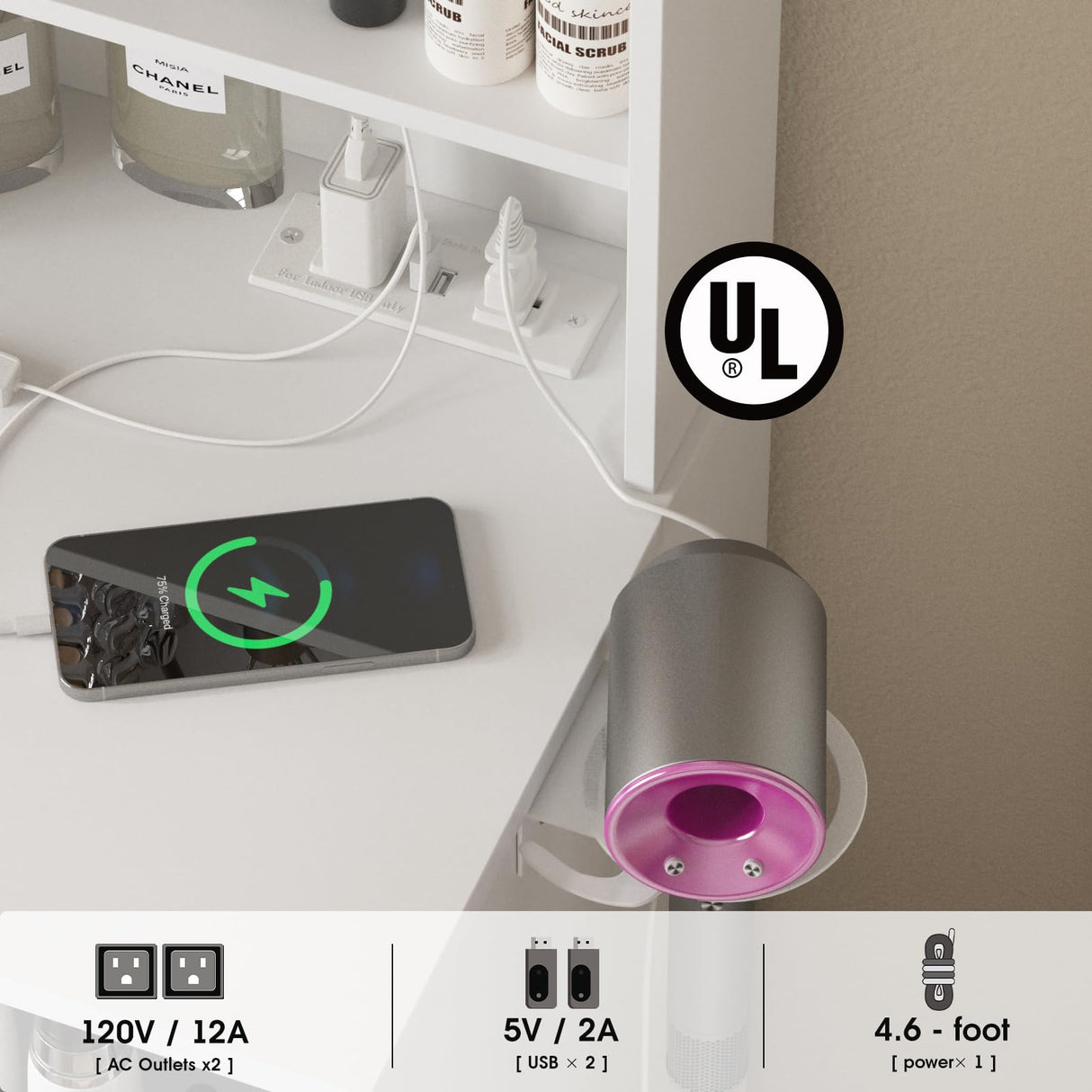 Vabches Vanity, Makeup Vanity Desk Set with Mirror & Light, Dressing Table Storage Lots with Power Strip, 3 Lighting Modes with Adjustable Brightness, 37 Inches (White) (White with Stool) Vabches