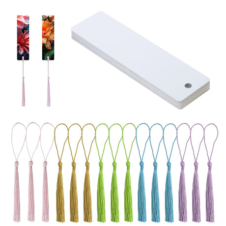 PPhtony Sublimation Blank Bookmarks 15Pcs Double-Side Heat Transfer Metal Craft Book Marker with 15Pcs Colorful Silky Tassels for Birthday Wedding DIY Projects and Gift Tag (3.2x12cm, Rectangle) PPhtony