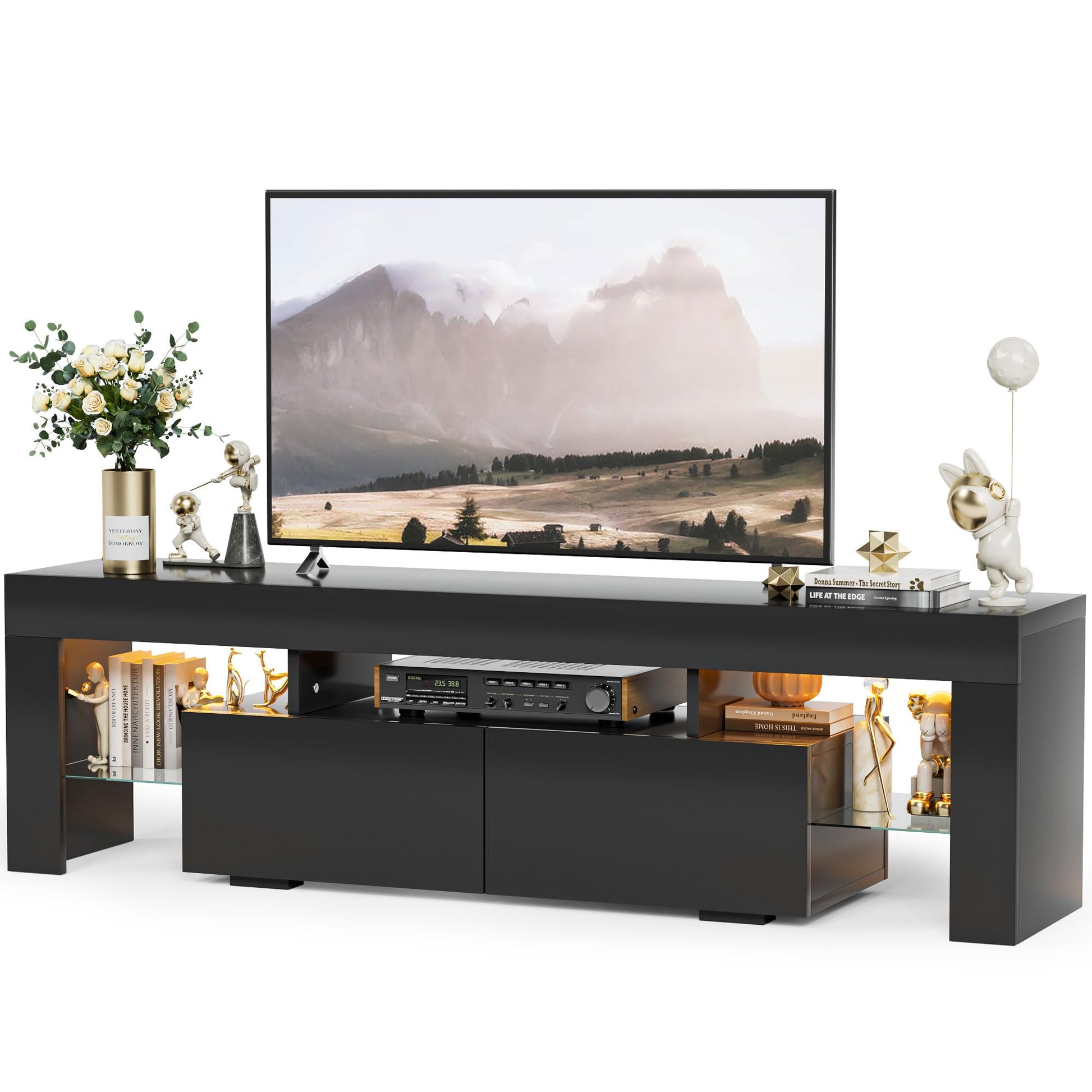 YESHOMY Modern LED TV Stand for Televisions up to 70 Inch with Glass Shelves and Drawer, Gaming Entertainment Center with Multiple Dynamic RGB Modes, for Livingroom, Bedroom, 60 Inch, Black - WoodArtSupply