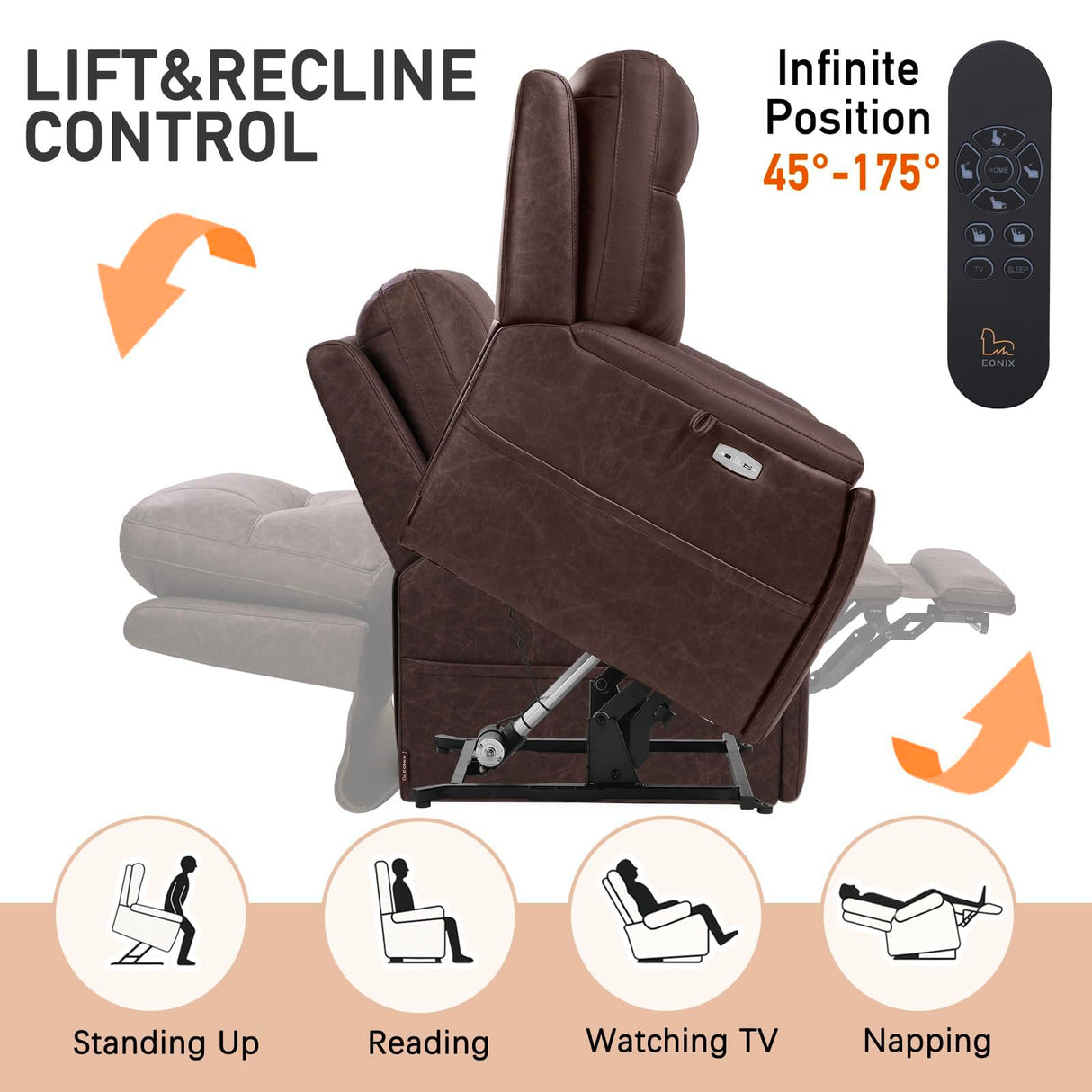 EONIX Triple Motor Lay Flat Power Lift Recliner Chair for Elderly, 400lbs Large Electirc Lift Chair for Living Room, Independent Adjustable Lumbar, Extended Footrest, Hidden Cup Holders, Dark Brown EONIX