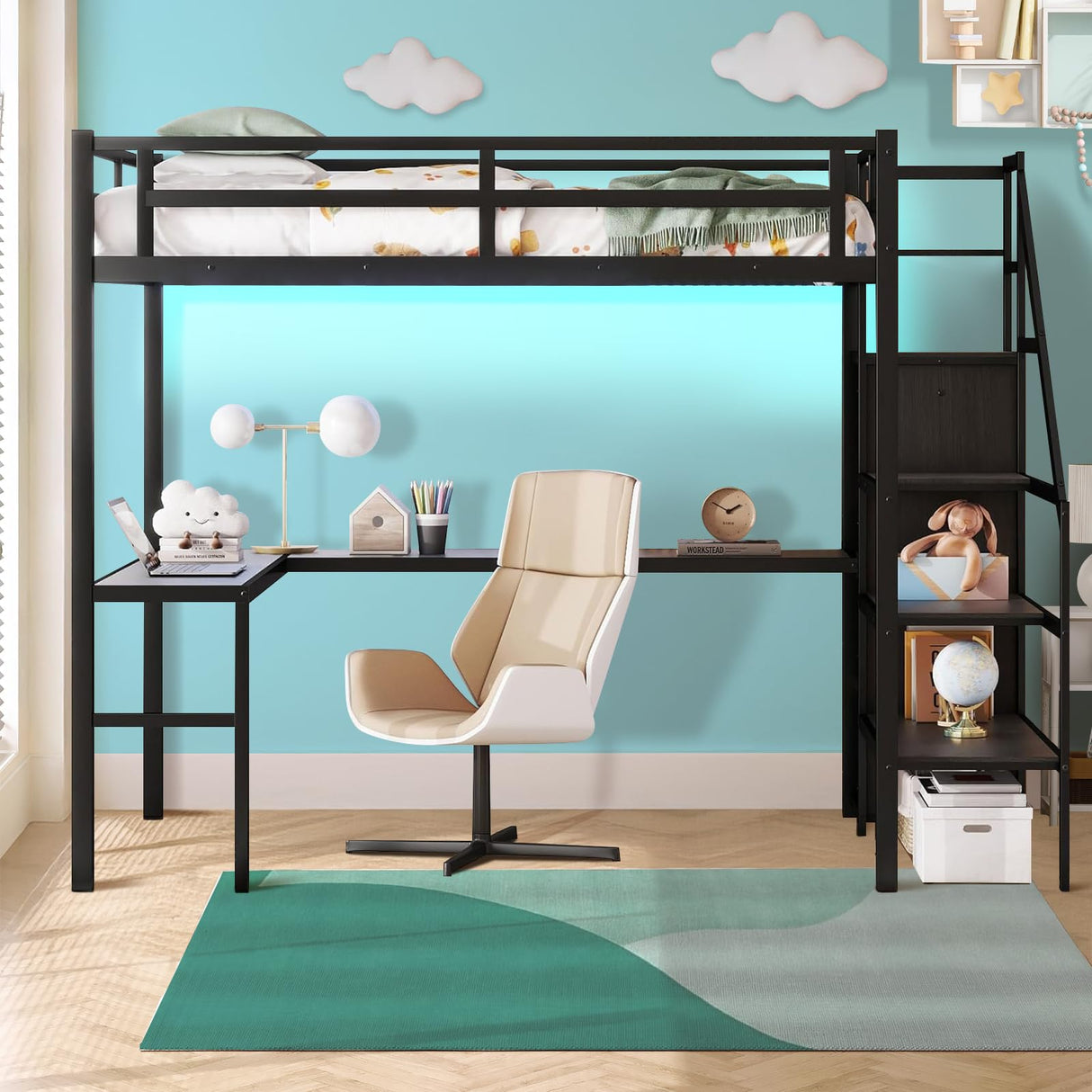 Full Size Loft Bed with Desk and Wardrobe, Metal Heavy Duty Loft Bed with Storage Stairs, LED Lights, USB Port, Full Loft Bed Frames for Kids, Junior, Adults, Space Saving, Noise Free (Black, Full) XUWANSHANG