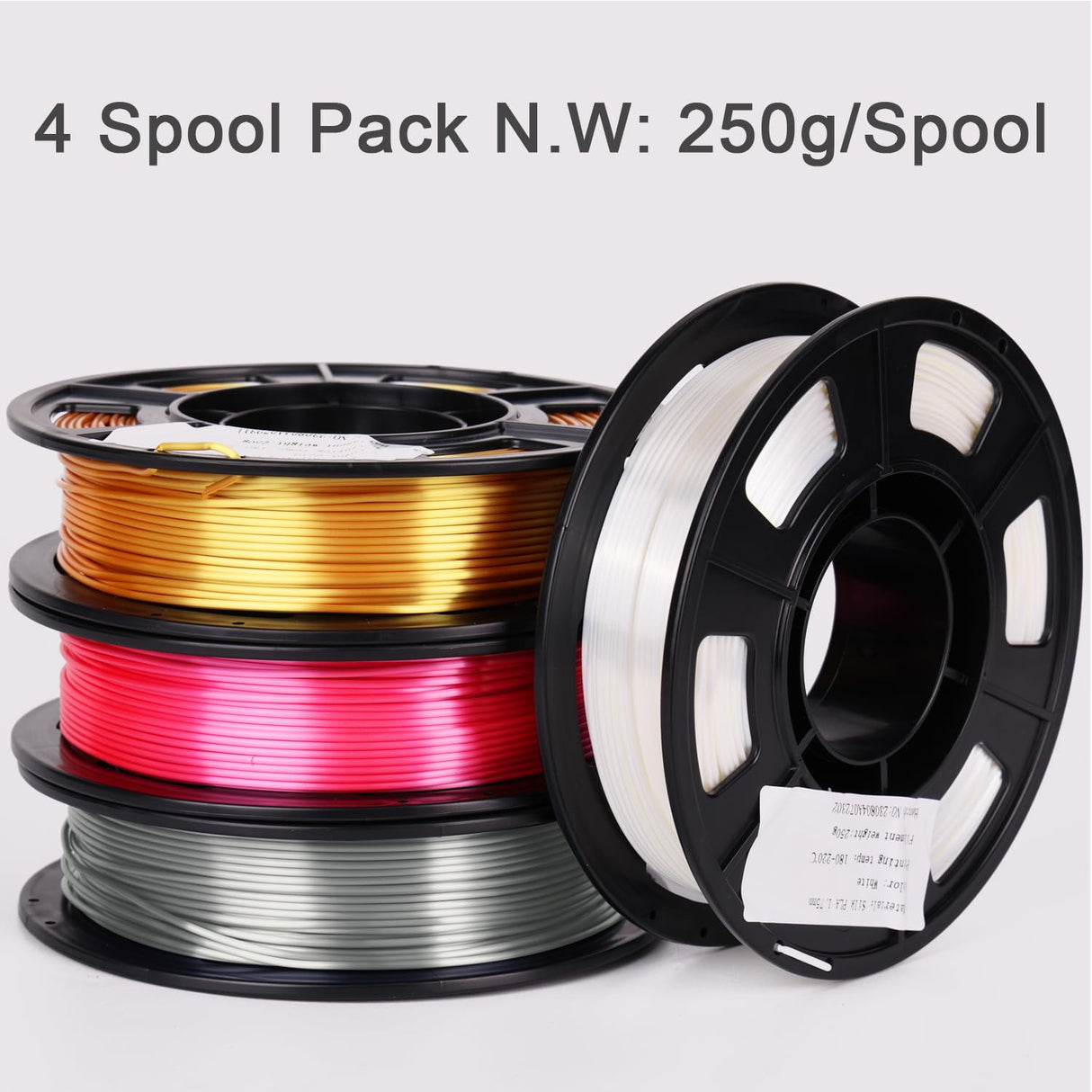 YOUSU 3D Printer Filament, 250G PLA Silk Filament Bundle, 1.75mm Smooth Silk Filament Muticolor, Silk PLA Filament 4 Color Pack 4x250g (Gold, Silver, Pink, White) Yousu