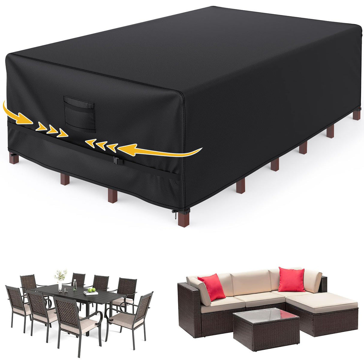 Patio Furniture Covers, Gorpche Outdoor Furniture Covers Waterproof, Tear-Resistant Patio Table and Chair Set Cover with Upgraded Fastener Windproof Buckle Straps, Heavy Duty, 108"L× 82"W× 28"H, Black Gorpche