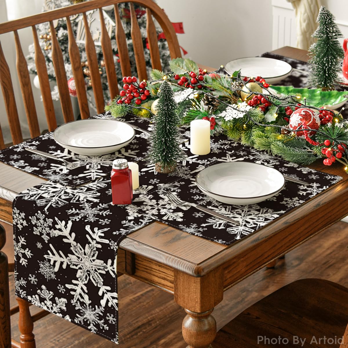 Artoid Mode Black Snowflakes Christmas Placemats for Dining Table, 12 x 18 Inch Seasonal Winter Washable Table Mats Set of 4 Artoid Mode