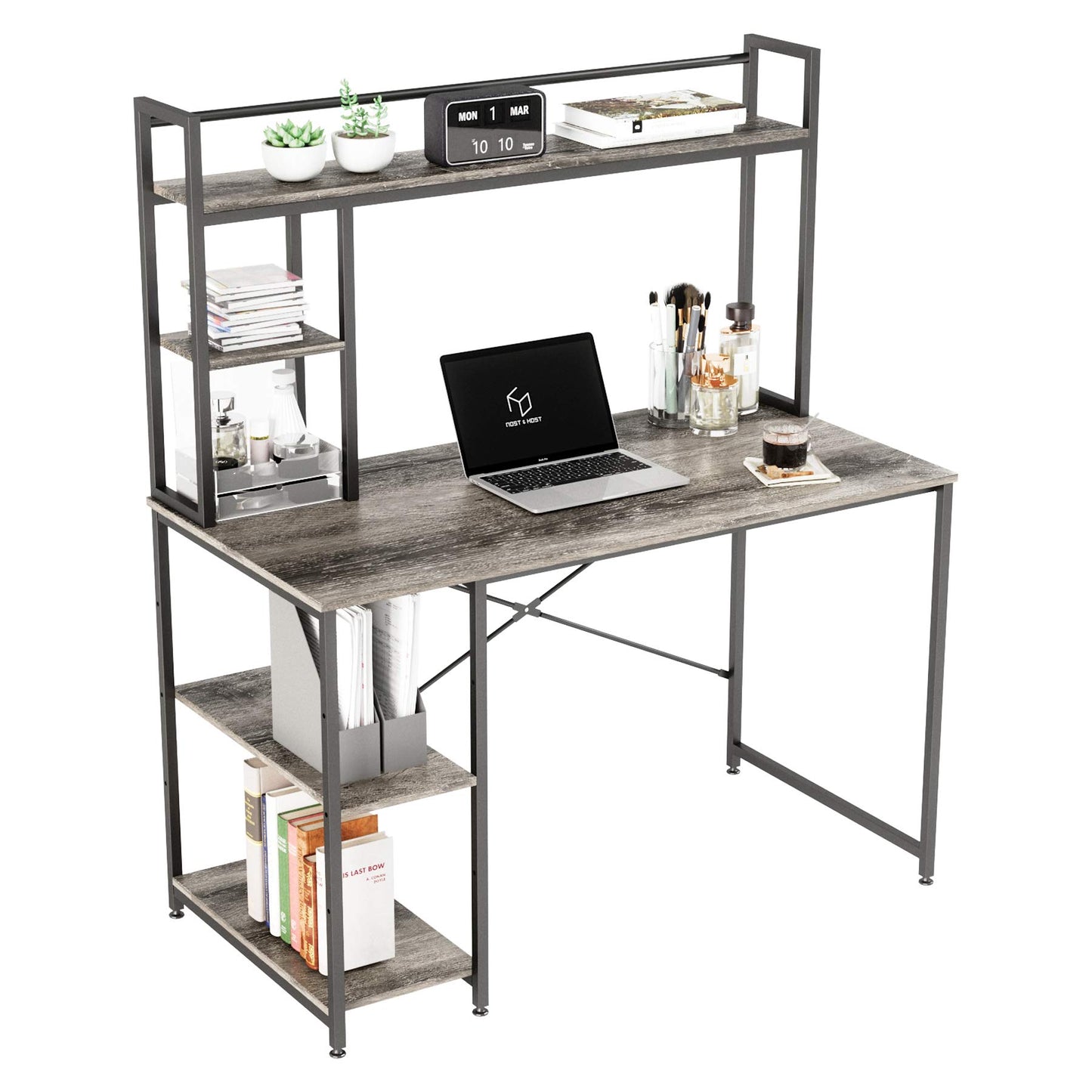 Nost & Host Rustic Grey Computer Desk with Hutch and Adjustable Shelves for Home Office and Gaming - WoodArtSupply