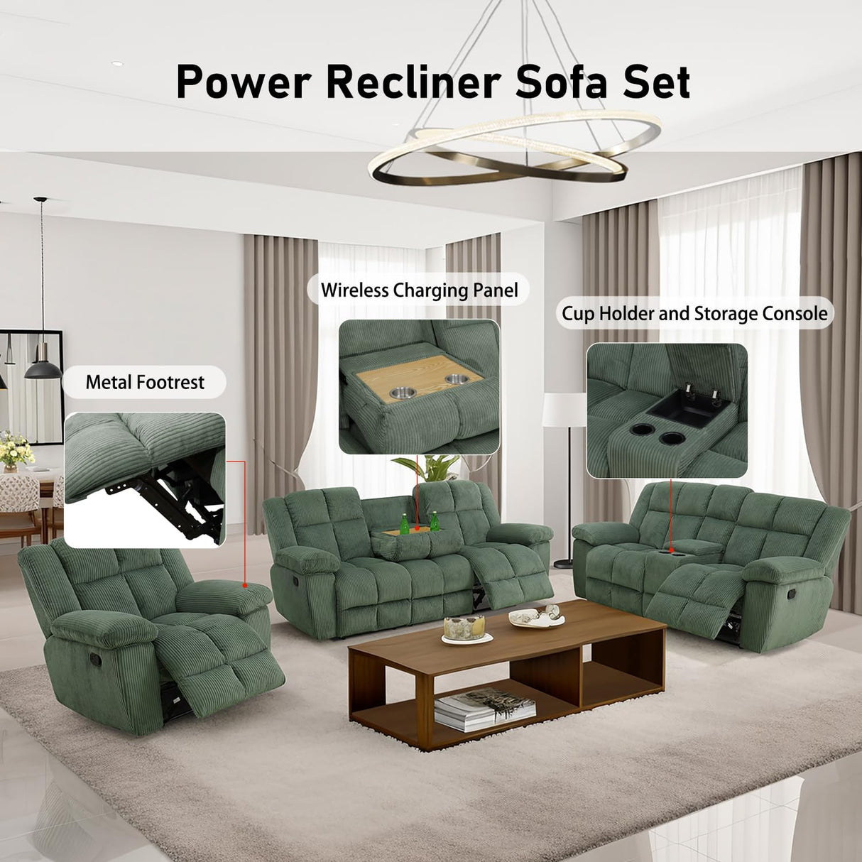Manual Recliner Sofa Set,Corduroy Reclining Couch Set,Modern Living Room Furniture Set,Reclining Sofa Couch Chair for Living Room Home Office(Green,3 Pieces Set) Pon Living Furniture Inc