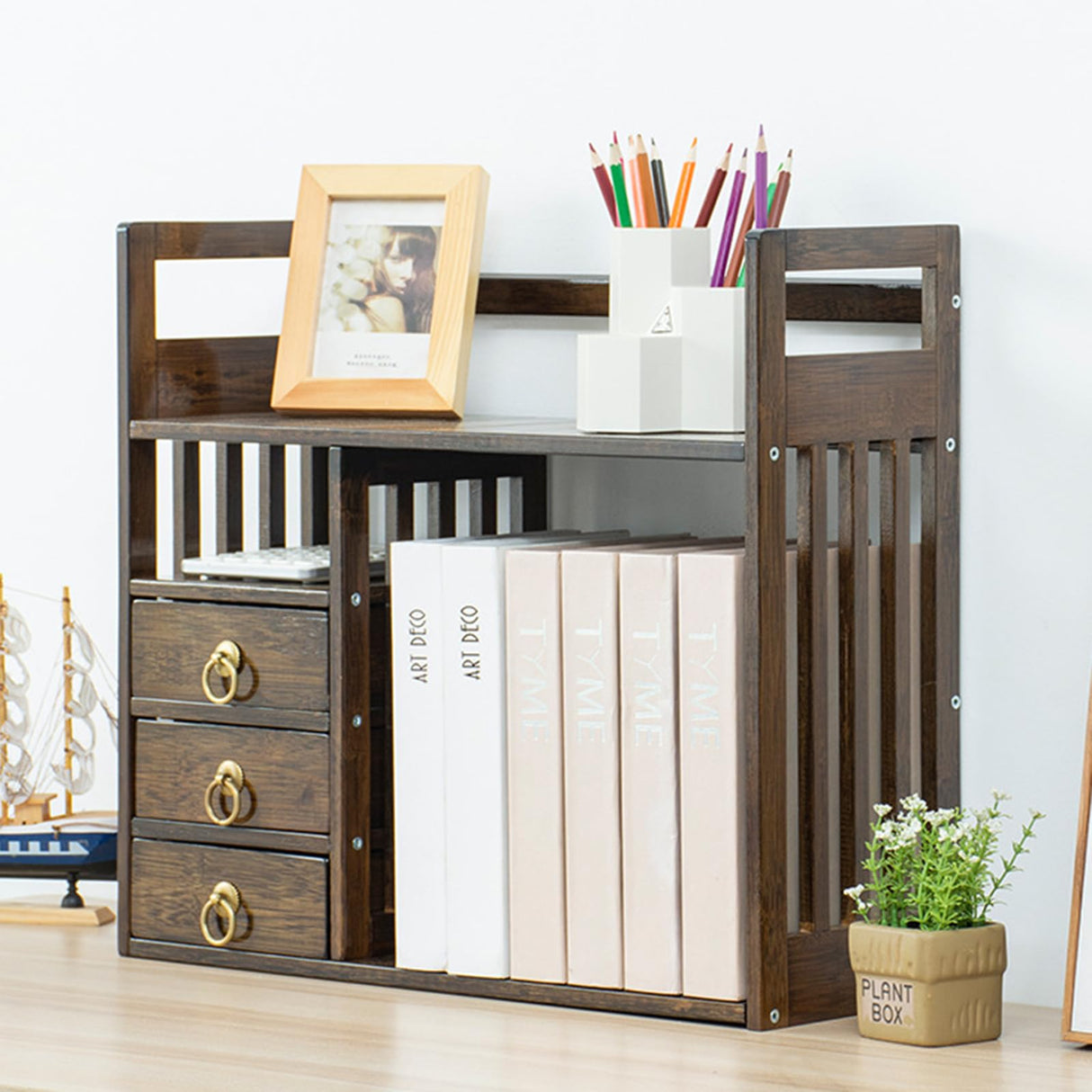 ILWorkTLs 2 Tier Bamboo Countertop Bookshelf,Desktop Organizer Shelves with 3 Drawers,Desktop Bookcase for Home Office,Walnut ILWorkTLs