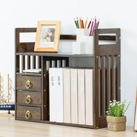 ILWorkTLs 2 Tier Bamboo Countertop Bookshelf,Desktop Organizer Shelves with 3 Drawers,Desktop Bookcase for Home Office,Walnut ILWorkTLs