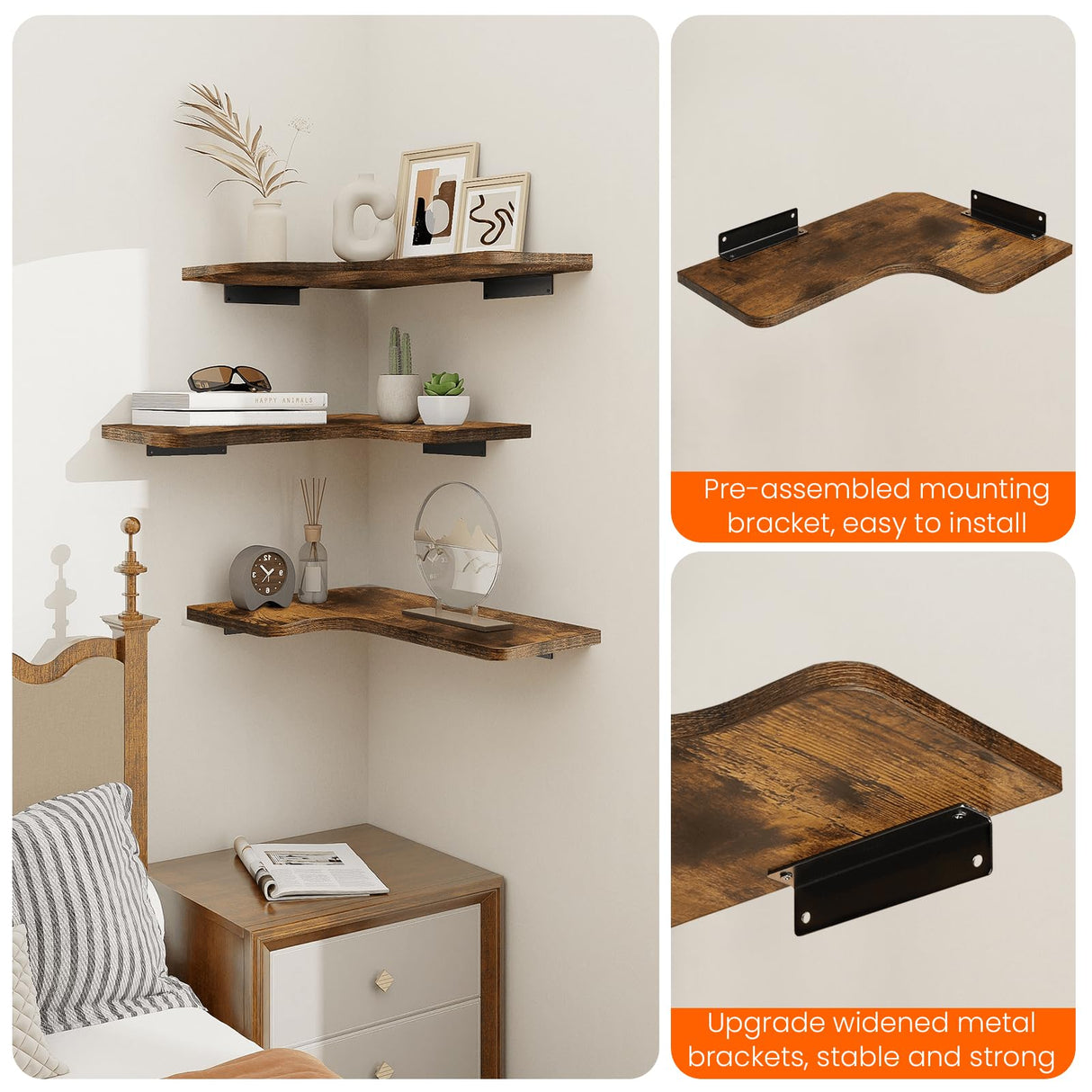 Homode Corner Floating Shelves, Corner Shelves Wall Mounted with Cord Hole, Set of 3 L Shape Wood Wall Storage Shelves for Living Room Bedroom Bathroom Kitchen, Rustic Brown Homode