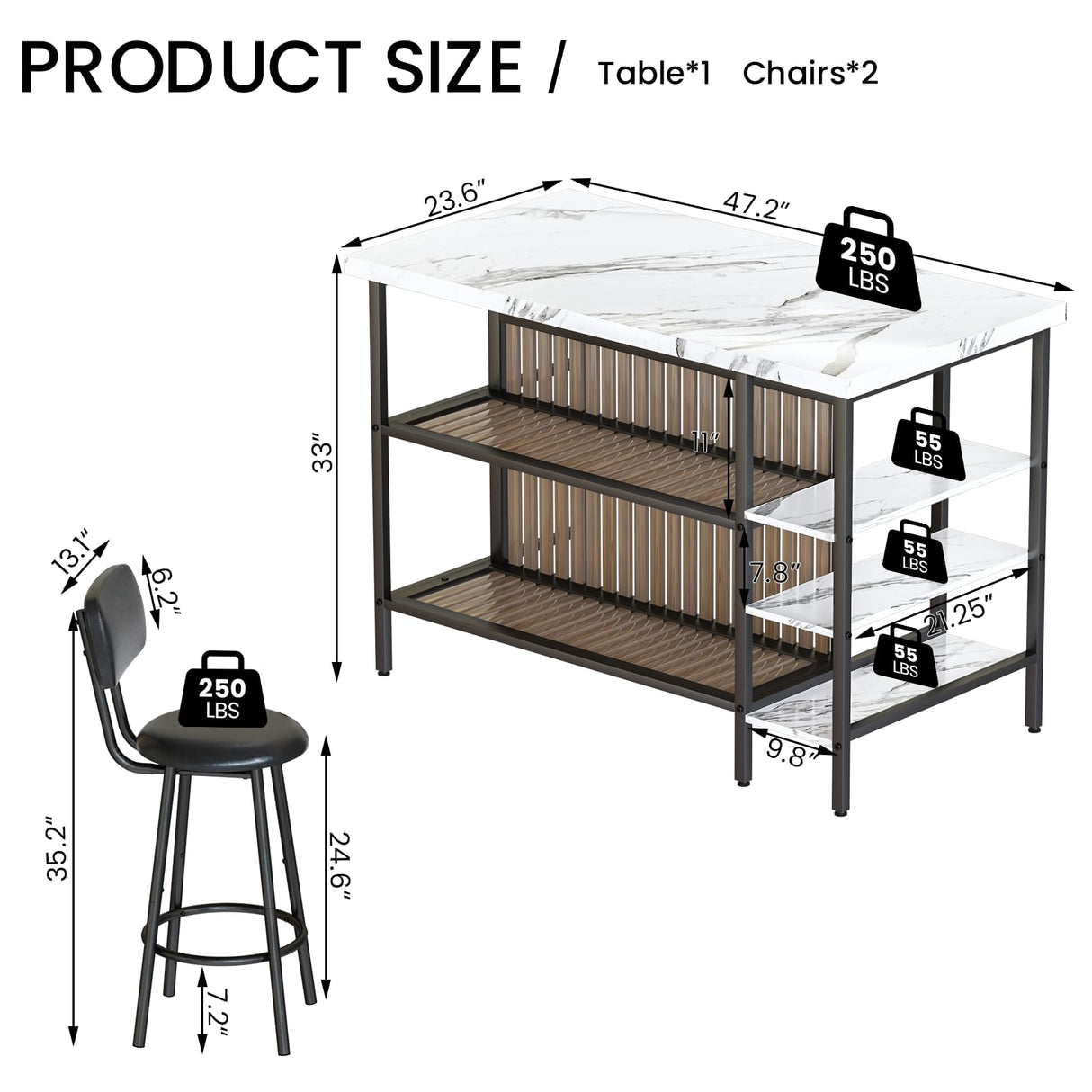 Recaceik Kitchen Island with Storage Small Dining Table for 2, Bistro Table and Chairs Set of 2 W/ 5 Shelves with PU Stools (White) Recaceik