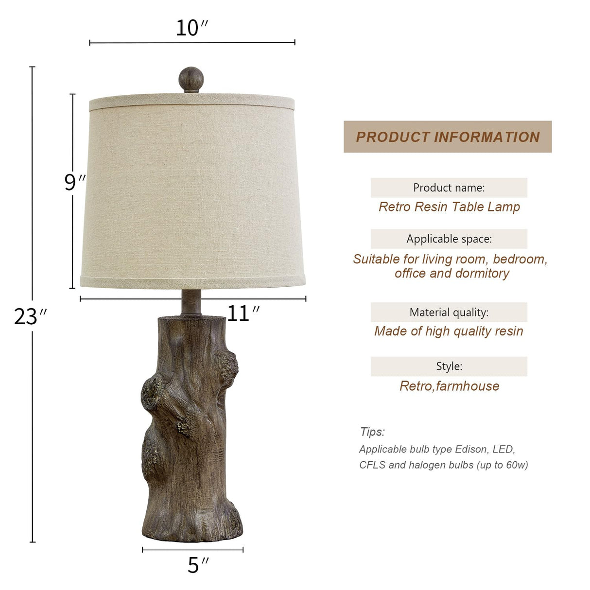 OYEARS 23"Resin Table Lamps for Living Room Set of 2 Country Cottage Farmhouse Lamp for Bedroom Tree Trunk Wood Grain with Oatmeal Fabric Round Shade Vintage Rustic Traditional Nightstand Bedside Lamp OYEARS