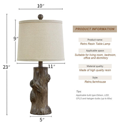 OYEARS 23"Resin Table Lamps for Living Room Set of 2 Country Cottage Farmhouse Lamp for Bedroom Tree Trunk Wood Grain with Oatmeal Fabric Round Shade Vintage Rustic Traditional Nightstand Bed - WoodArtSupply