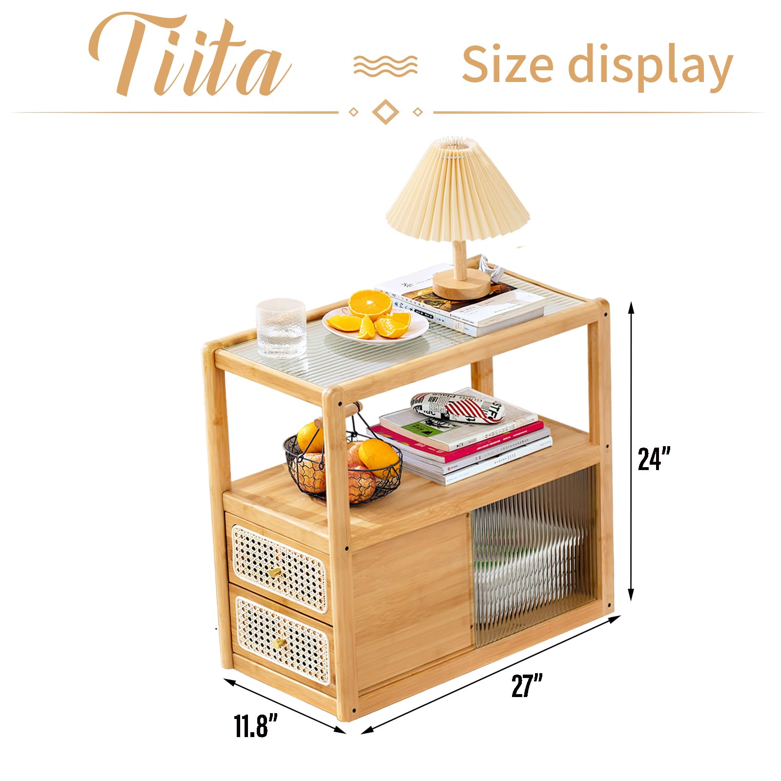 Tiita Rattan Nightstand Side Table, Bamboo Accent Bedside Tables, Glass Coffee Tables, Boho Wooden End Table with Storage for Small Space, Living Room and Bedroom - WoodArtSupply