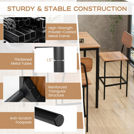 Giantex 5-Piece Dining Table Set W/Counter Height Table & 4 Bar Stools, Industrial Kitchen Dining Table Set W/Footrest & Backrest, Space-Saving Dinette Set for Pub, Dining Room, Restaurant (Walnut) Giantex