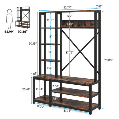 Tribesigns Hall Tree Coat Rack: 4-in-1 Coat and Shoe Rack for Entryway, Wooden Entryway Bench with Storage Shelf, Freestanding Shoe Bench with Hooks Shelving for Living Room Bedroom, Rustic B - WoodArtSupply