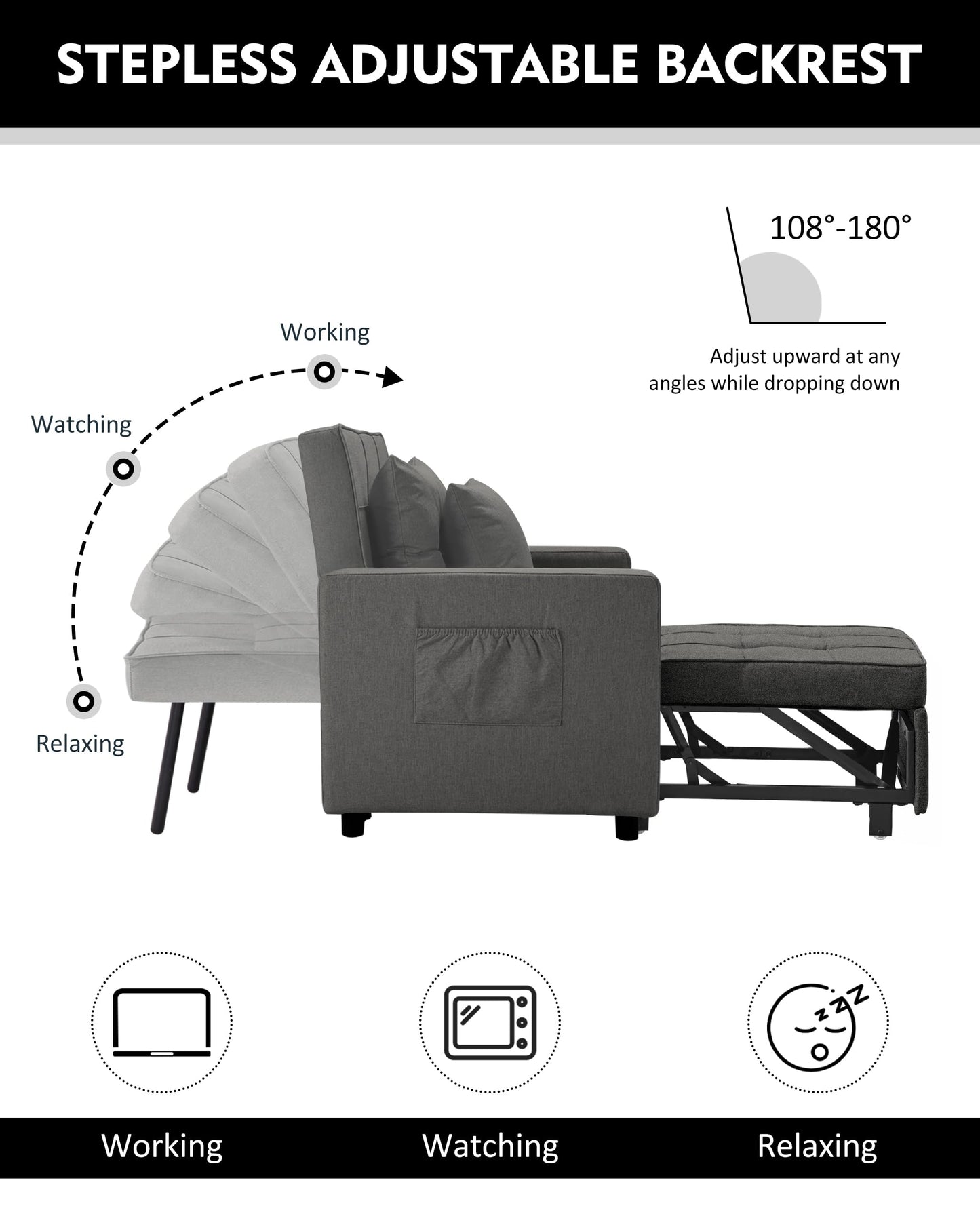 XSPRACER [Updated Convertible Chair Bed, Sleeper Chair Bed 3 in 1, Stepless Adjustable Backrest, Armchair, Sofa, Bed, Fleece, Dark Gray, Single One - WoodArtSupply