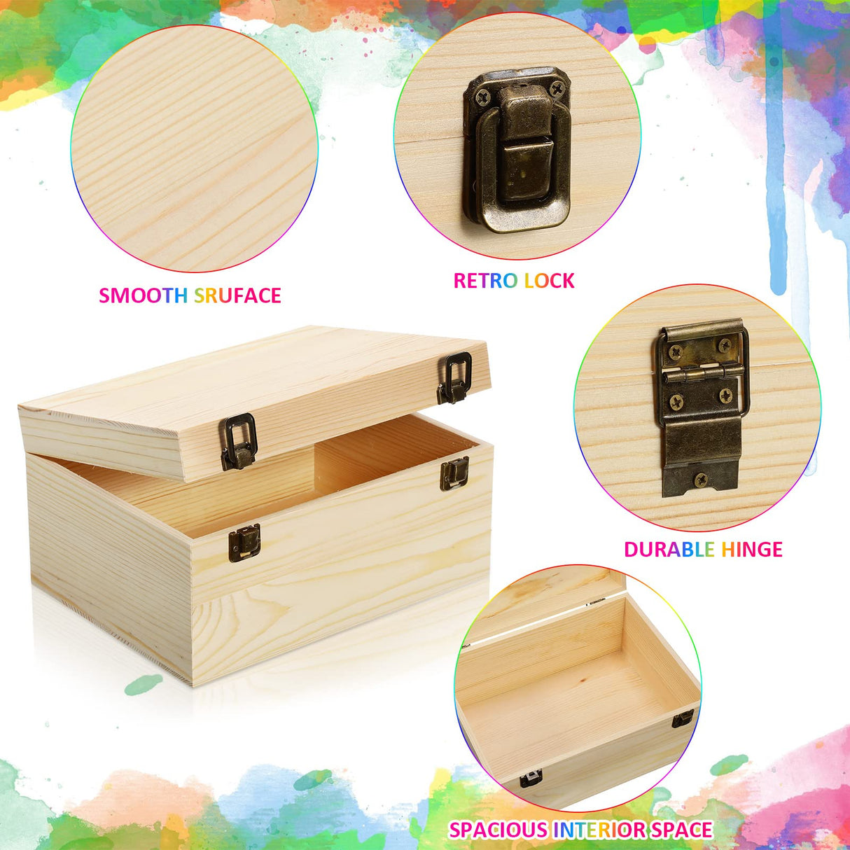 2 Pcs Unfinished Wood Box Natural Large Wooden Box 13 x 9.8 x 6.3 in, 10.6 x 7.9 x 5.5 in Pine Art Storage Boxes with Hinged Lid and Front Clasp for DIY Craft Hobbies Home Jewelry Keepsake Treasure Reginary