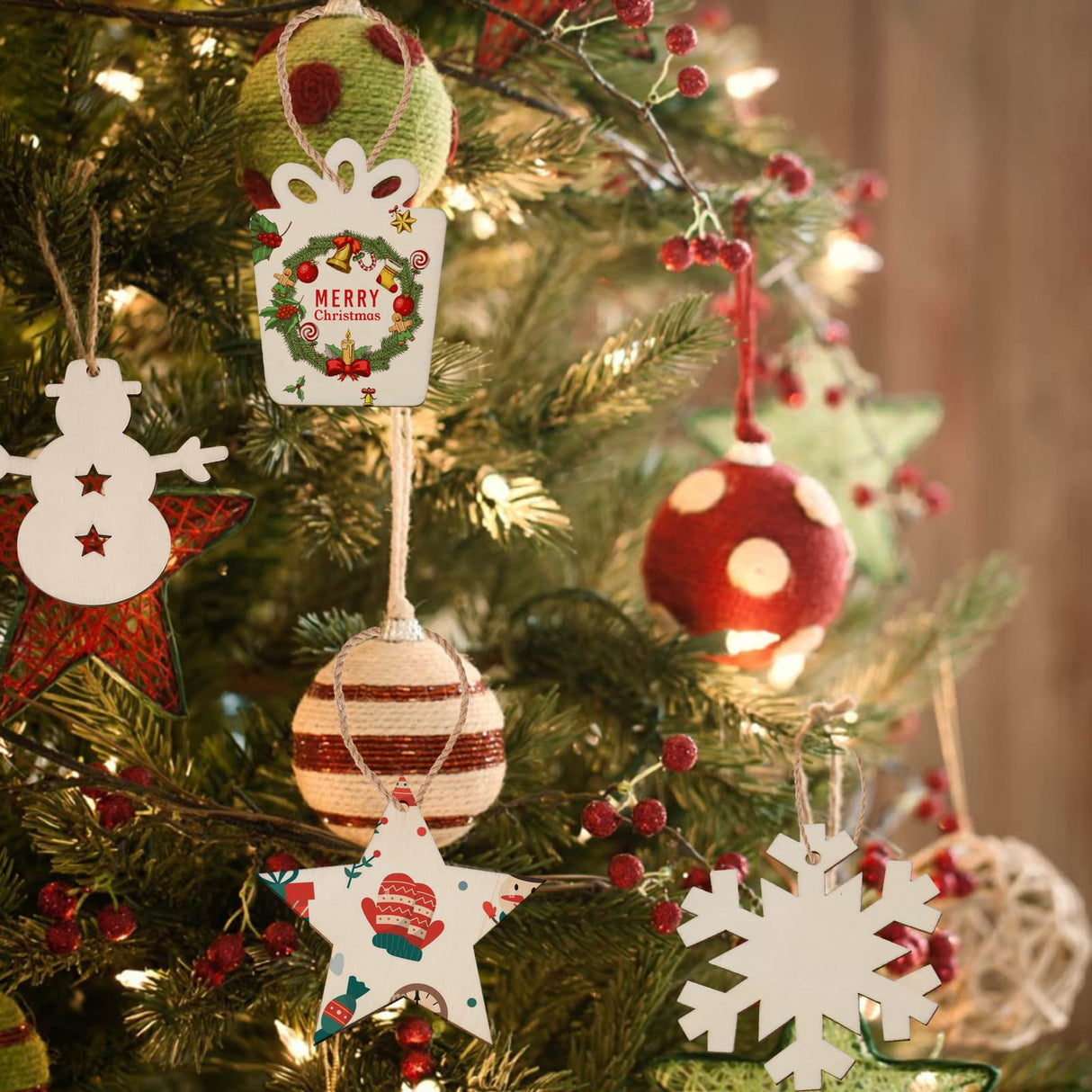 Covacure 100PCS DIY Christmas Crafts - Wooden Christmas Ornaments Unfinished Predrilled Wood Circles for Crafts Centerpieces Holiday Hanging Decorations covacure