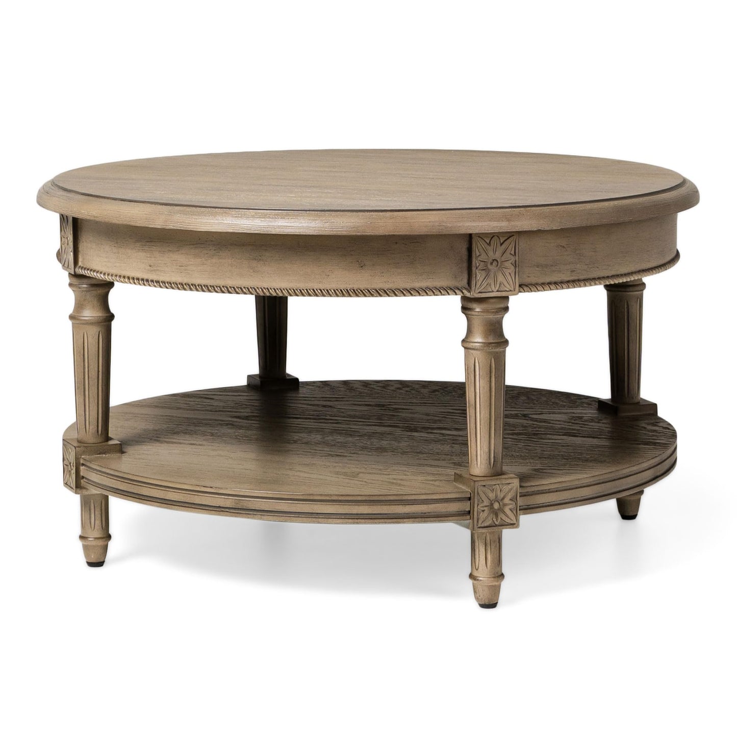 Maven Lane Pullman Large Curved 2 Tier Traditional Round Circle Wooden Center Coffee Table with Shelf Storage in Rustic Antiqued Grey Finish - WoodArtSupply