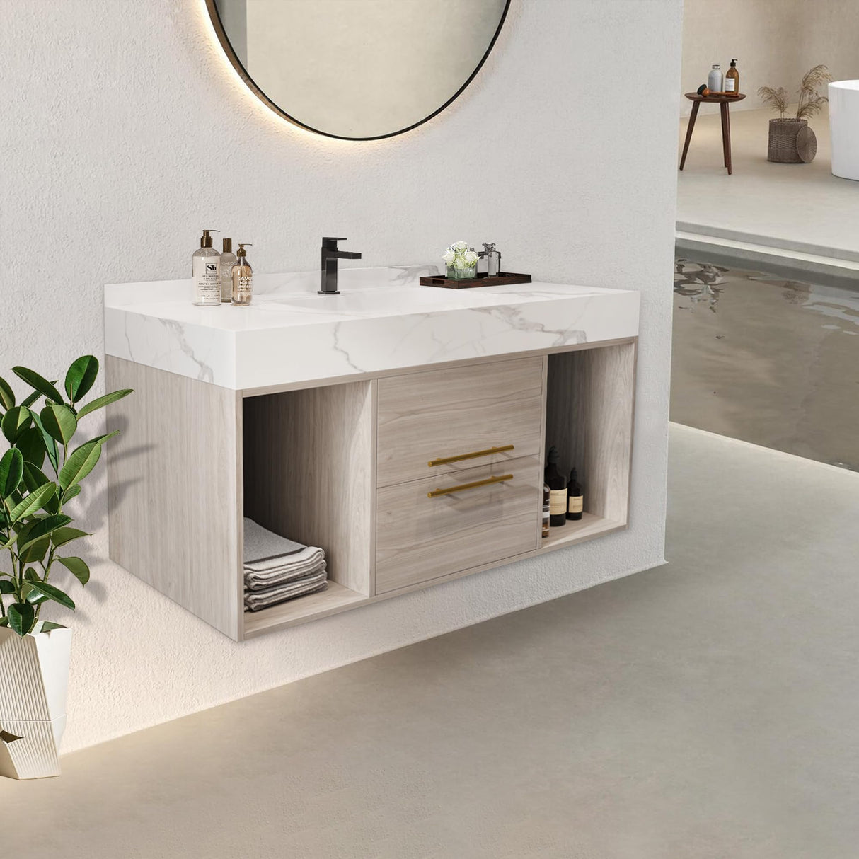 40 Inch Modern Wall Mounted Bathroom Vanity with White Sintered Stone Countertop. Quick Assembly Solid Wood Floating Bathroom Cabinet with 2 Drawers and 2 Storage.White. Glintee
