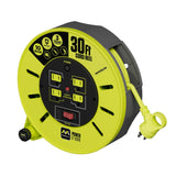 Masterplug 30ft Cassette Cord Reel, Retractable Extension Lead with Winding Handle, Safety Overload Circuit Breaker and Power Switch, 4x Grounded Outlets, 10amps, 16AWG Cable Masterplug
