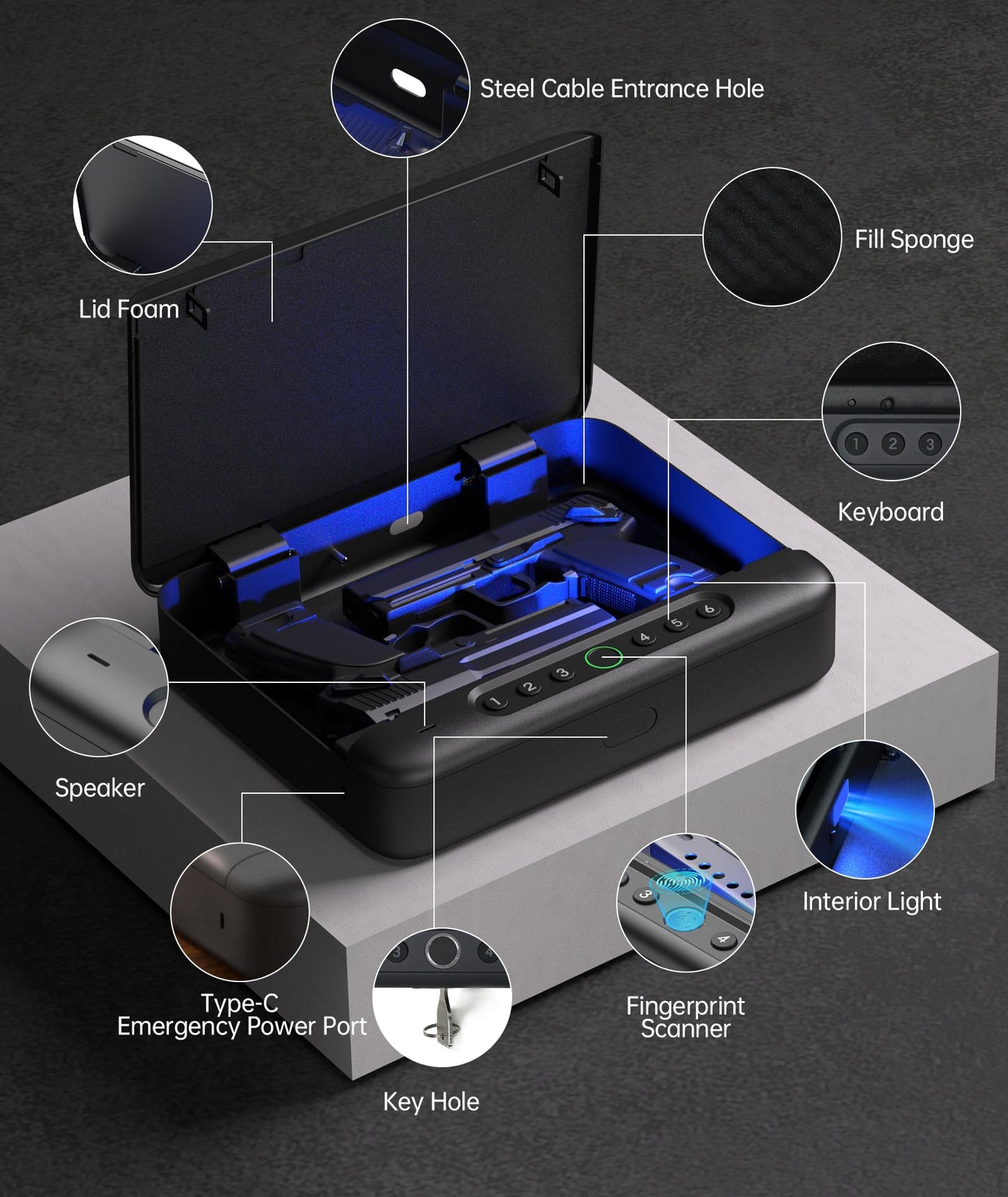 PINEWORLD Gun Safe, Biometric Gun Safe For Handgun, 4 Quick-Access Unlock APP|Fingerprint|Passcode|Key with Voice Prompt Pistol Safe,Safe Box, Gun Locker For Nightstand/Office/Car, Remote Control