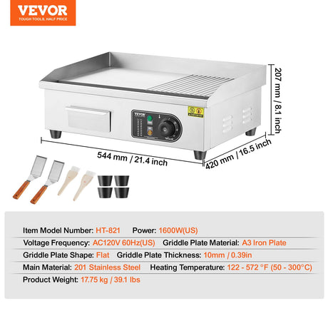 VEVOR Commercial Electric Griddle, 1600W Countertop Half-Flat Top Grill, 22in Stainless Steel Griddle Grill with 2 Shovels and 2 Brushes for Home or Restaurant, 122℉-572℉ Adjustable Temp VEVOR