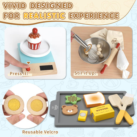 Lehoo Castle Wooden Play Food Set for Kids, Play Kitchen Accessories, Pretend Baking Playset, Cupcakes and Cookie Maker Toys, Preschool Cooking Toys for Toddlers Boys Girls Ages 3+ Lehoo Castle