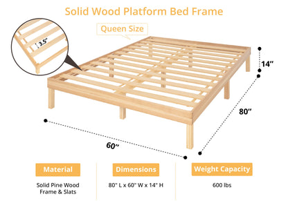 Naomi Home 14 Inch Pine Wood Queen Platform Bed Frame - Sturdy, No Squeak Design, No Box Spring Needed - WoodArtSupply