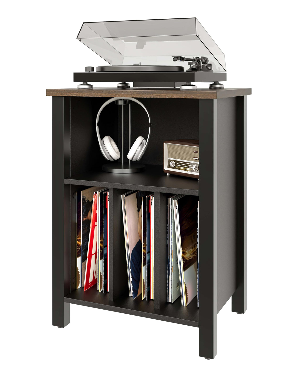 Record Player Stand, Vinyl Record Storage Table End Table with Display Shelf Holds up to 130 Albums, Large Nightstand Wood Turntable Stand Cabinet Side Table for Living Room, Bedroom, Black LIDYUK