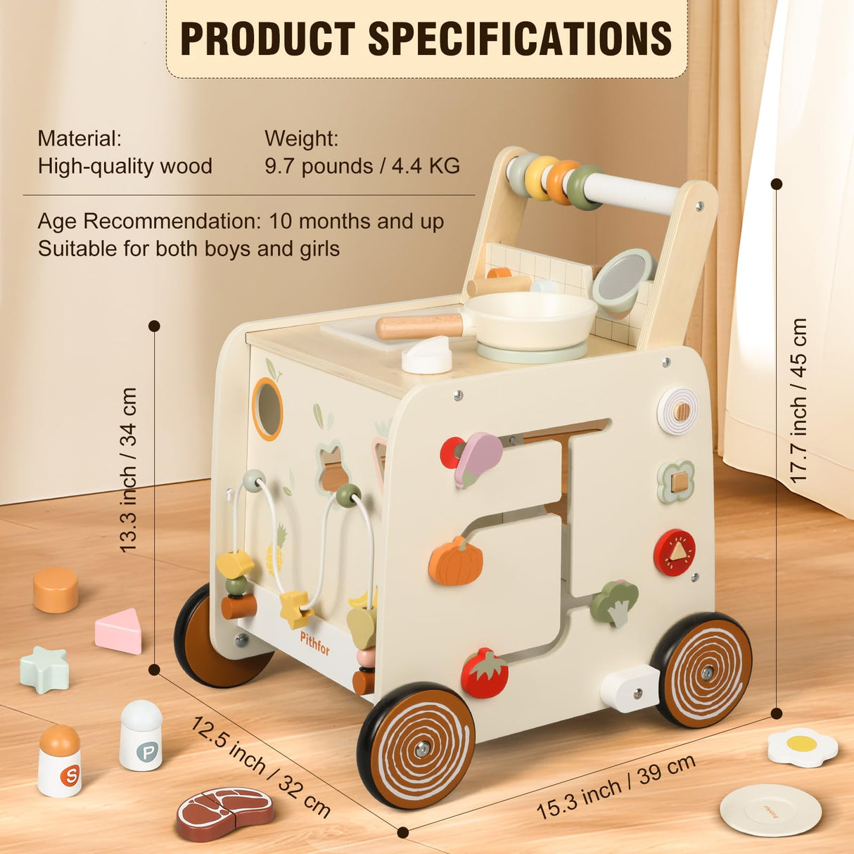 Pithfor Wooden Baby Walker, 3-in-1 Baby Push Walker, with Pretend Kitchen, Montessori Sensory Activity Center, Push Walker Toys for Babies Learning to Walk, Sit-to-Stand Pithfor