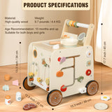 Pithfor Wooden Baby Walker, 3-in-1 Baby Push Walker, with Pretend Kitchen, Montessori Sensory Activity Center, Push Walker Toys for Babies Learning to Walk, Sit-to-Stand Pithfor