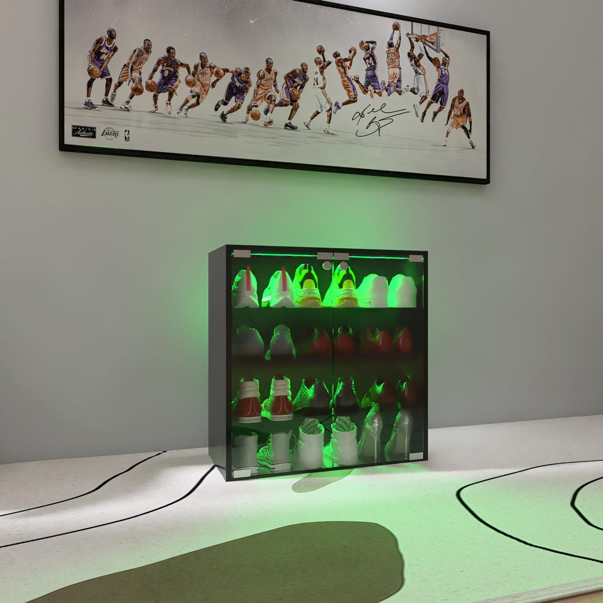 Veemuaro Shoe Storage Box, Wooden Shoe Storage Box with Glass Door, Shoe Organizer Storage Box with RGB Led Light and APP Control for Up To 8-12 Pairs of Shoes, Shoe Storage Bin For Display Sneakers Veemuaro