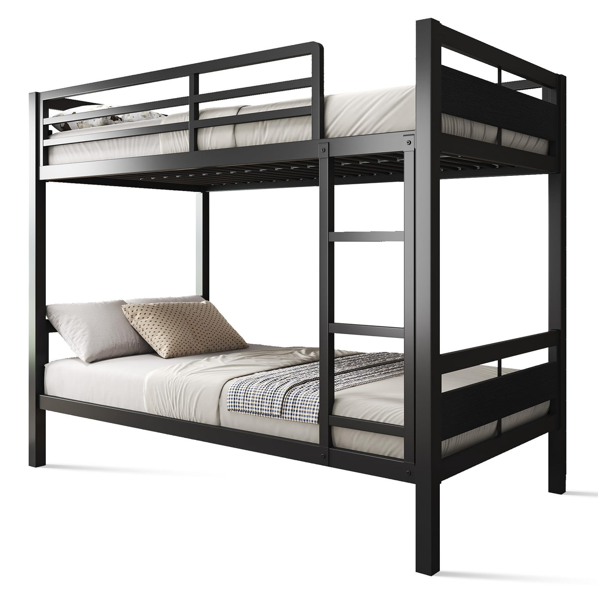 Feonase Metal Bunk Bed Twin Over Twin with Ladder and High Guardrail, Heavy-Duty Bunk Bed Frame with Metal Slats, Noise Free, No Box Spring Needed, for Kids and Juniors, Black Feonase
