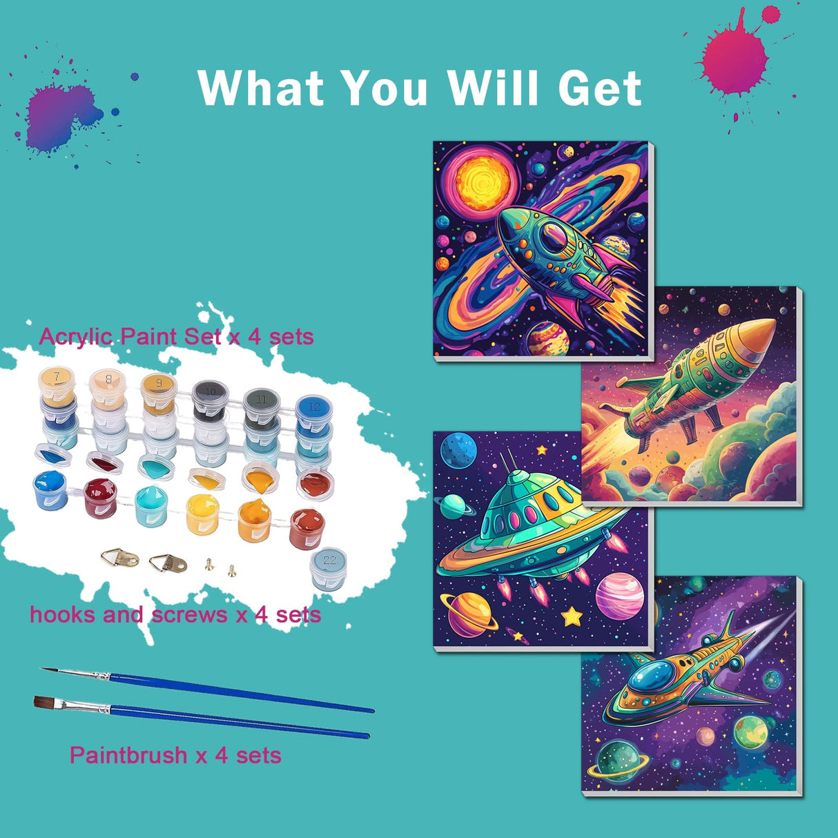 4 Pack Paint by Numbers Kit for Kids, Outer Space Color by Number Painting Kits for Kids Ages 8-12 Astronaut Paint by Numbers with Framed Canvas Children DIY Paints by Number Kits for Beginners 8x8 In AILIBUT