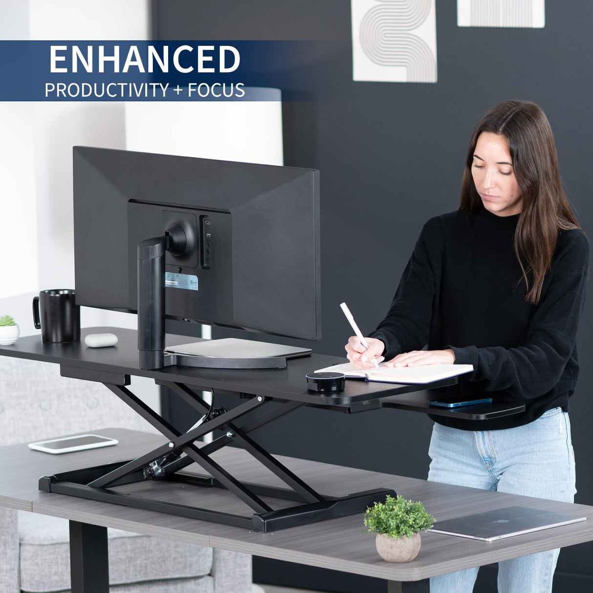 VIVO 48 inch Desk Converter, K Series, Height Adjustable Sit to Stand Riser, Dual Monitor and Laptop Workstation with Wide Keyboard Tray, Black, DESK-V048KB VIVO