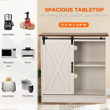 COSYSUPER Farmhouse Style Coffee Bar Cabinet with Sliding Barn Door and Adjustable Shelves in White COSYSUPER