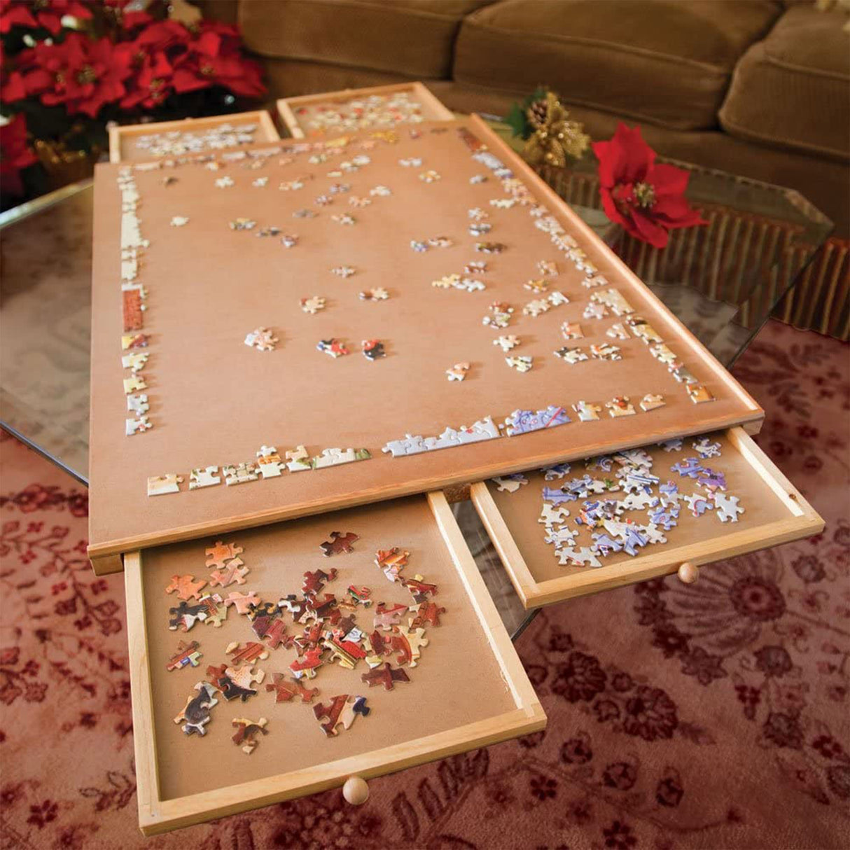 Bits and Pieces - 1500 Piece Puzzle Board with Drawers - Jumbo Wooden Puzzle Plateau – Portable Puzzle Table 26"x 34" - Tabletop Deluxe Jigsaw Puzzle Organizer and Puzzle Storage System – Gift for Mom Bits and Pieces