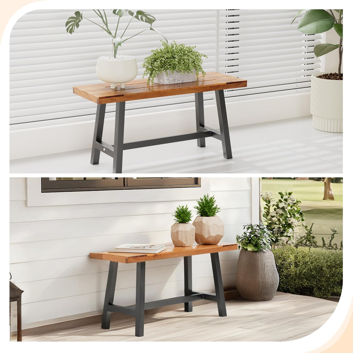 VINGLI Outdoor Bench with Metal Legs Rustic, Wood Dining Bench Indoor Outdoor Porch Benches for Yard Garden Dining (40in) VINGLI