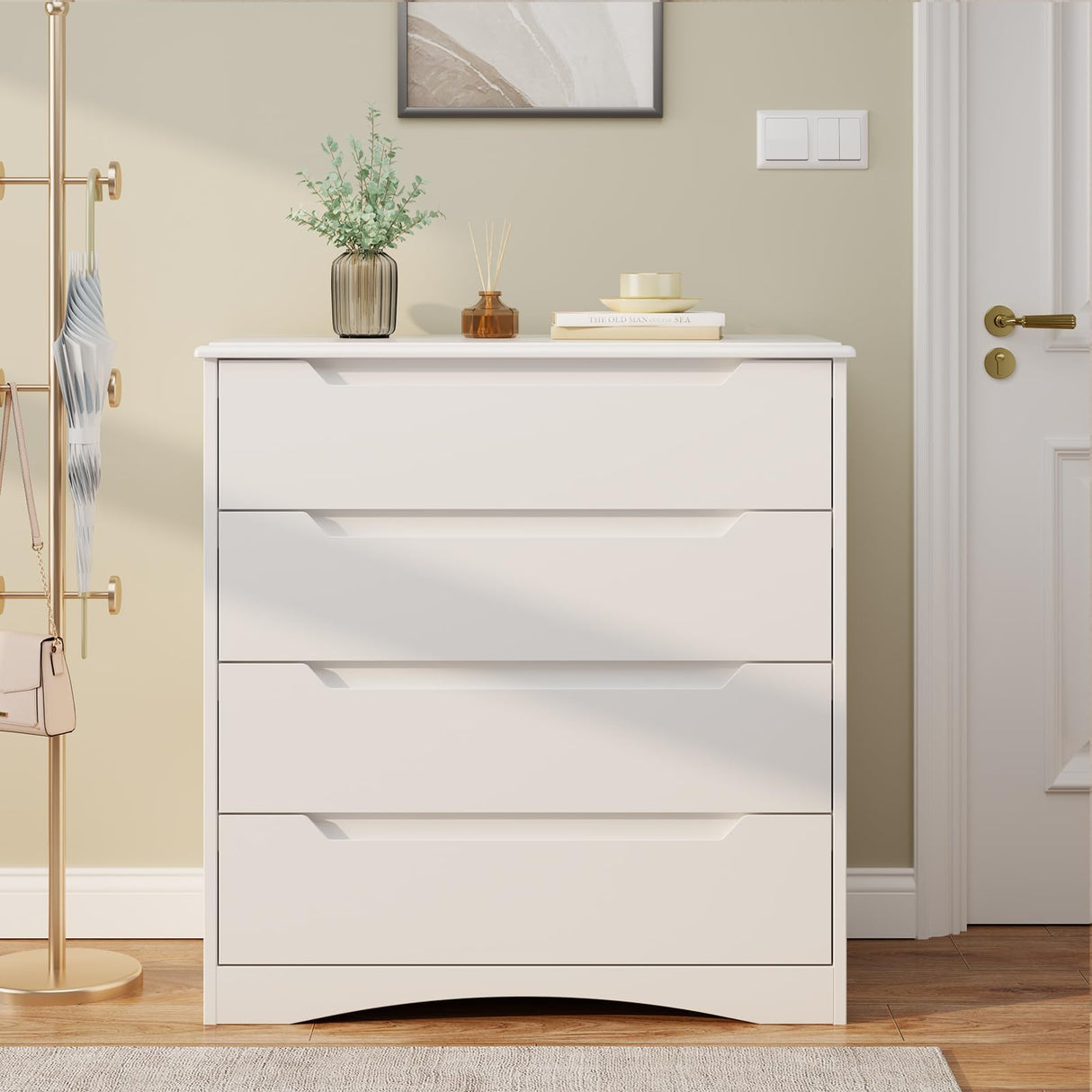 Bealife Dresser for Bedroom, 4 Drawer Dressers Chest of Drawers with Anti-Tripping Device, White Dresser for Closet with Embedded Handles, Closet Chests Organizer for Hallway, Living Room (White) Bealife
