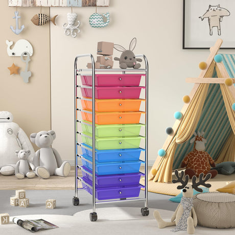 OFFICEJOY Storage Cart, Rolling Utility Cart with 10 Drawers, Portable Handles & Lockable Wheels, Mobile Paper Toys Storage Organizer Large Capacity for Home Office School Teacher (Rainbow) OFFICEJOY
