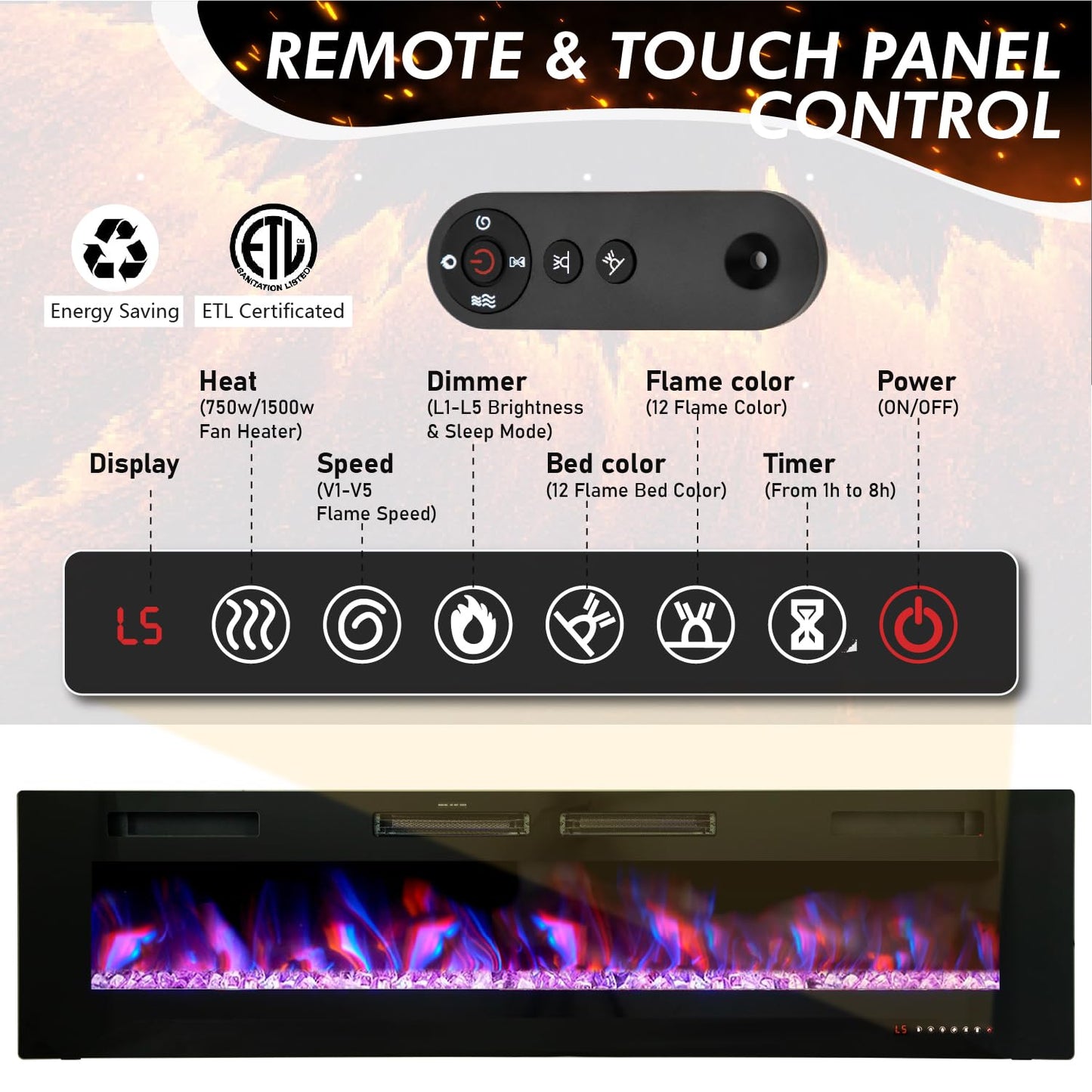 MFSTUDIO 72 inches Electric Fireplace with Remote Control & Touch Screen, Recessed and Wall Mounted Fireplace Heater, Linear Fireplace with 12 Colors Adjustable Flame Color, Timer, 750w/1500w