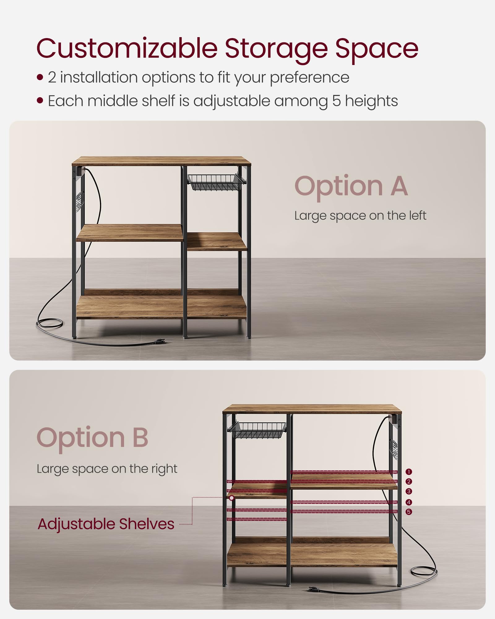 VASAGLE Rustic Walnut Baker's Rack with Integrated Charging Station and Storage Solutions - WoodArtSupply