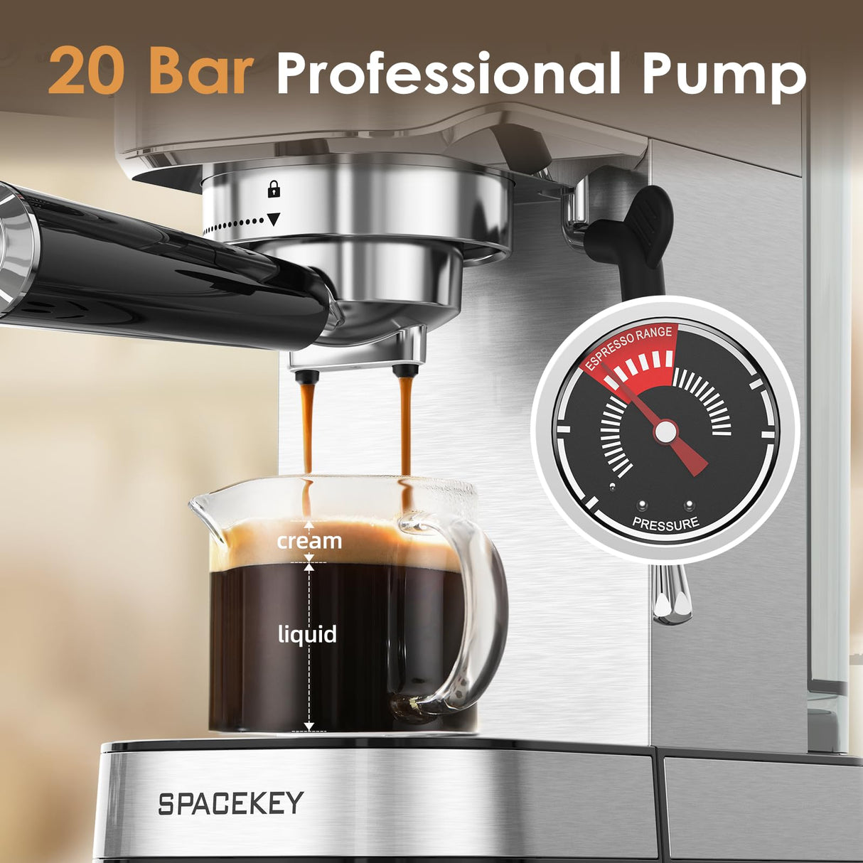 Spacekey Espresso Machine 20 Bar, Professional 1350W Espresso Maker with Milk Frother, Compact Stainless Steel Cappuccino & Latte & Americano Maker with 39oz Removable Water Tank, Silver Spacekey