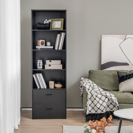 CHEFJOY 4-Tiers Bookcase, 74” Tall Book Shelf Craft Storage Cabinet with 2 Slide Drawers & 4 Open Shelves, Modern Wood Craft Book Shelf for Bedroom, Living Room (Black) CHEFJOY